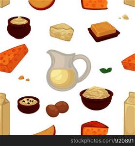 Milk farm promo poster with seamless pattern of dairy products seamless pattern. Cheese triangles, milk in jug or pack, curd with raisins in bowl, fresh eggs and tender sour cream cartoon flat vector illustrations.. ML _1 1