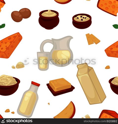 Milk farm promo poster with seamless pattern of dairy products seamless pattern. Cheese triangles, milk in jug or pack, curd with raisins in bowl, fresh eggs and tender sour cream cartoon flat vector illustrations.. Money USD cash, American dollar banknotes and coins seamless pattern isolated on white background vector.