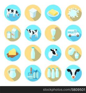 Milk flat icons set. Milk dairy production farm flat icons set with cheese butter round shadow set abstract isolated vector illustration