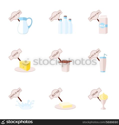 Milk flat icons set with pitcher bottles carton cheese yogurt glass drops butter cream isolated vector illustration