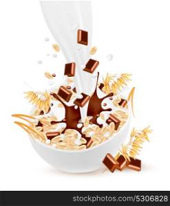 Milk flowing into a bowl with grain and chocolate. Vector.