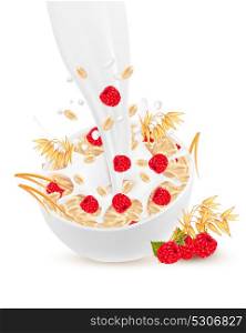 Milk flowing into a bowl with grain and raspberry. Vector.