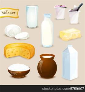 Milk food and drink products decorative icons set with yogurt cheese butter isolated vector illustration. Milk Products Set