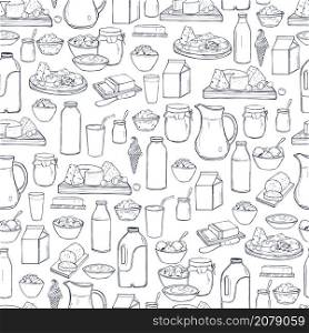 Milk food. Butter, cheese, sour cream, yogurt and cream on a white background. Vector seamless pattern.. Milk food set. Vector seamless pattern.