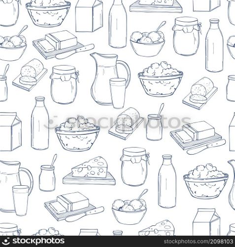 Milk food. Butter, cheese, sour cream, yogurt and cream on a white background. Vector seamless pattern.. Vector seamless pattern with milk food