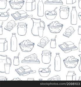 Milk food. Butter, cheese, sour cream, yogurt and cream on a white background. Vector seamless pattern.. Vector seamless pattern with milk food