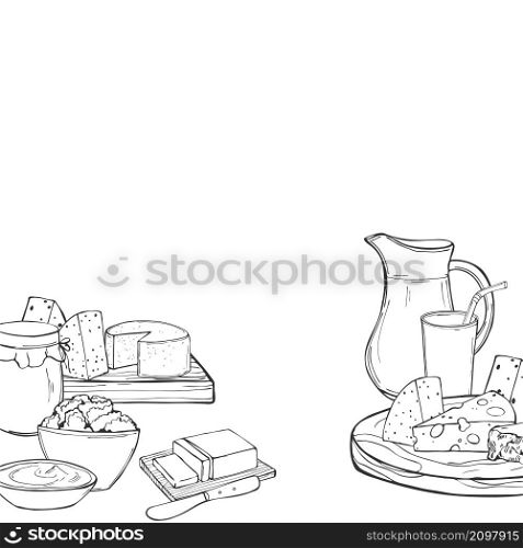 Milk food. Butter, cheese, sour cream, yogurt and cream on a white background. Vector background. Sketch illustration.. Milk food. Vector background.