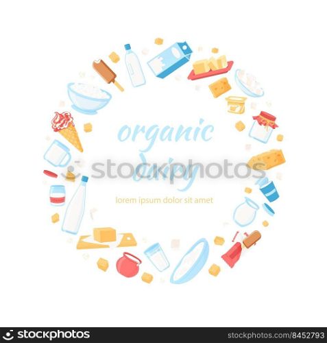 Milk food in circle. Cartoon dairy products placed in round shape, healthy organic food concept. Vector cheese yoghurt cottage cheese butter isolated set of milk food health icon illustration. Milk food in circle. Cartoon dairy products placed in round shape, healthy organic food concept. Vector cheese yoghurt cottage cheese butter isolated set