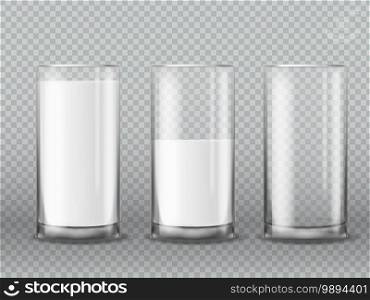 Milk glass. Realistic empty and full milk glasses, cup with white liquid yogurt or kefir, morning dairy beverage product, diet or kids nutrition, vector isolated illustration on transparent background. Milk glass. Realistic empty and full milk glasses, cup with white liquid yogurt or kefir, dairy beverage product, diet nutrition, vector isolated illustration on transparent background