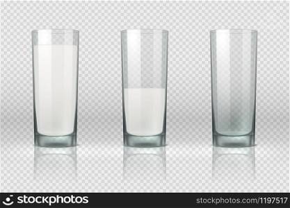 Milk glass. Realistic empty, half full and full glass with milk isolated on transparent background. Vector set nonalcoholic dairy drinks for healthy lifestyle or diet. Milk glass. Realistic empty, half full and full glass with milk isolated on transparent background. Vector set
