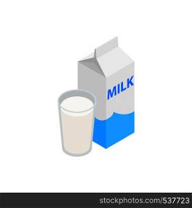 Milk icon in isometric 3d style isolated on white background. Carton with glass of milk. Milk icon, isometric 3d style