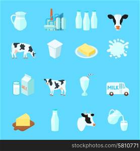 Milk icons flat set with cow butter cheese isolated vector illustration. Milk Icons Flat
