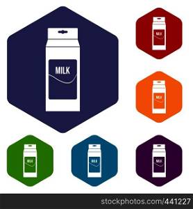 Milk icons set hexagon isolated vector illustration. Milk icons set hexagon