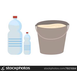 Milk in bucket and bottle, dairy product in tanks, milky countryside objects on white, fresh drink, crop farming element, natural product, farm vector. Fresh Drink, Countryside Dairy Product Vector