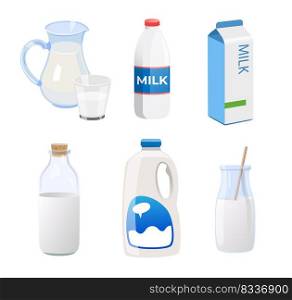 Milk in different containers vector illustrations set. Fresh cow milk in carton, bottle, glass, cup, different packages isolated on white background. Food, dairy concept