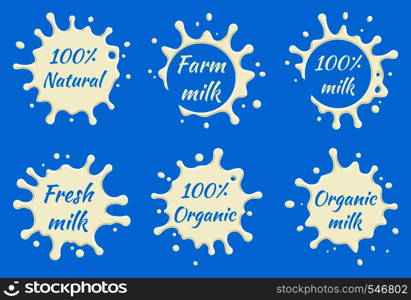 Milk labels vector set. Milk splash and blot design, shape creative illustration. Blue background. Milk labels vector set. Milk splash and blot design, shape creative illustration.