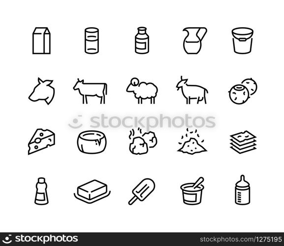Milk line icons. Dairy products of cheese yogurt butter and cream, organic farm food, cow goat sheep and coconut milk. Vector set flat illustrations healthy food icon. Milk line icons. Dairy products of cheese yogurt butter and cream, organic farm food, cow goat sheep and coconut milk. Vector set