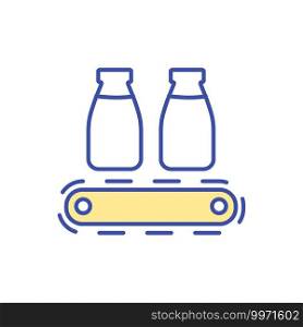 Milk manufacturing technology RGB color icon. Dairy industry. Milk product on conveyor belt. Automated technology. Commercial production equipment. Farming industry. Isolated vector illustration. Milk manufacturing technology RGB color icon