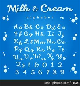 Milk or cream alphabet. Milk font comic letters with bubbles isolated on blue background. Milky products alphabet vector illustration for dairy breakfast design