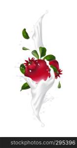 Milk or yogurt splash pomegranate fruit realistic 3d illustration for packaging. Pomegranate is falling into milk cocktail. Vector