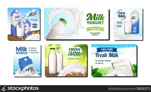 Milk Packages Creative Promo Posters Set Vector. Blank Bottle And Packaging, Glass With Straw And Natural Bio Milk Splash On Advertising Banners. Style Concept Template Illustrations. Milk Packages Creative Promo Posters Set Vector