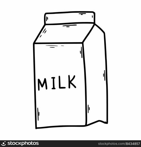 Milk packaging on  white background. Vector illustration of doodles. Hand drawn sketch. Drawing for menu, banner, recipes.