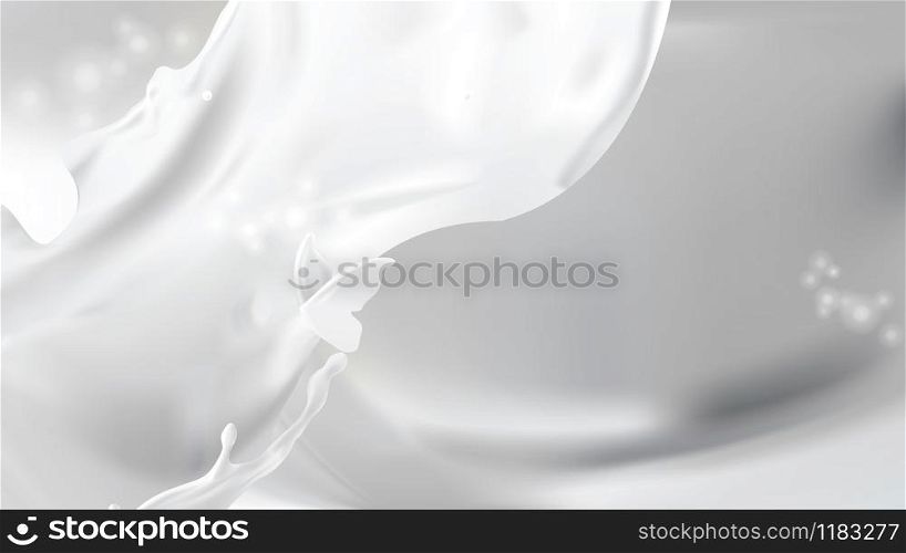 Milk pouring splash and white liquid silhouettes of flying butterflies isolated on shining background. Design element for advertising and packaging of natural dairy products or cosmetics. Milk splash, swirl shape and butterfly silhouettes