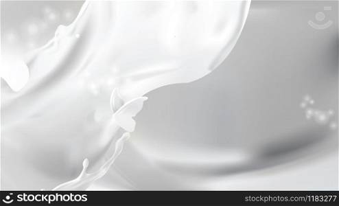 Milk pouring splash and white liquid silhouettes of flying butterflies isolated on shining background. Design element for advertising and packaging of natural dairy products or cosmetics. Milk splash, swirl shape and butterfly silhouettes