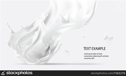 Milk pouring splash crown shape and white liquid silhouettes of flying butterflies isolated on background. Design element for advertising and packaging of natural dairy products or cosmetics. Milk splash, crown shape and butterfly silhouettes