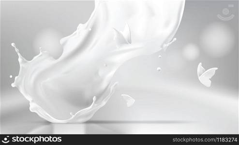 Milk pouring splash swirl shape and white liquid silhouettes of flying butterflies isolated on gray wavy background. Design element for advertising and packaging of natural dairy products or cosmetics. Milk splash, swirl shape and butterfly silhouettes
