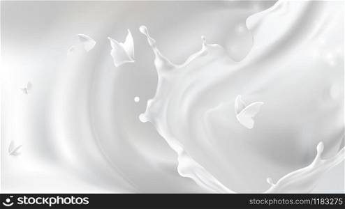 Milk pouring splash swirl shape and white liquid silhouettes of flying butterflies isolated on gray wavy background. Design element for advertising and packaging of natural dairy products or cosmetics. Milk splash, swirl shape and butterfly silhouettes