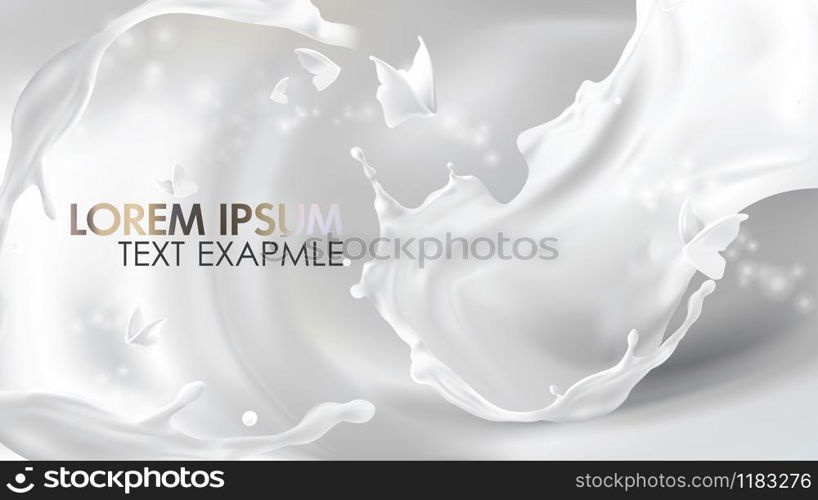 Milk pouring splash swirl shape and white liquid silhouettes of flying butterflies isolated on shining background. Design element for advertising and packaging of natural dairy products or cosmetics. Milk splash, swirl shape and butterfly silhouettes