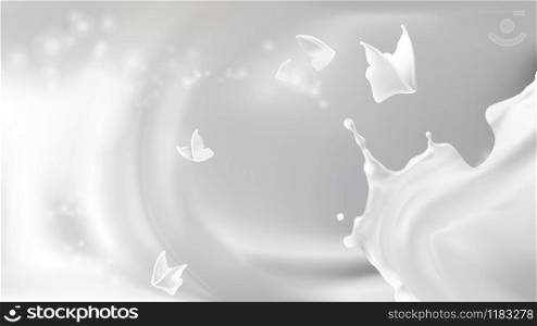 Milk pouring splash swirl shape and white liquid silhouettes of flying butterflies isolated on shining background. Design element for advertising and packaging of natural dairy products or cosmetics. Milk splash, swirl shape and butterfly silhouettes