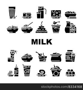 milk product dairy food yogurt icons set vector. drink healthy, white cream, organic cheese, bottle fresh, nutrition farm, glass, cow milk product dairy food yogurt glyph pictogram Illustrations. milk product dairy food yogurt icons set vector