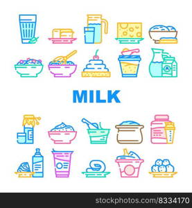 milk product dairy food yogurt icons set vector. drink healthy, white cream, organic cheese, bottle fresh, nutrition farm, glass, cow milk product dairy food yogurt color line illustrations. milk product dairy food yogurt icons set vector