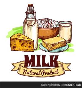 Milk Product Sketch Concept. Milk and natural dairy products with text logo sketch hand drawn color seamless concept vector illustration