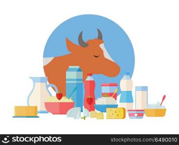 Milk Production Banner. Traditional Dairy Products. Traditional dairy products from cow milk. Different dairy products on background of cow. Natural farm food concept. Assortment of dairy products. Vector illustration in flat style.