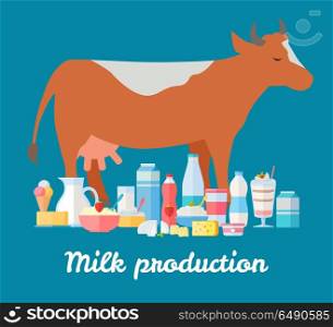 Milk Production Banner. Traditional Dairy Products. Traditional dairy products from cow s milk. Different dairy products near brown cow on blue background. Natural farm food concept. Assortment of dairy products. Vector illustration in flat style.