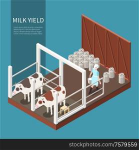 Milk production concept with milk yield symbols isometric vector illustration