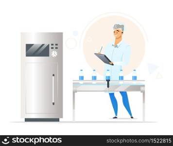 Milk production process flat color vector illustration. Male factory worker. Quality control inspector. Dairy plant employee. Local business. Food industry. Isolated cartoon character on white