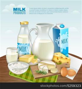 Milk Products Background. Milk products cartoon background with healthy breakfast symbols vector illustration