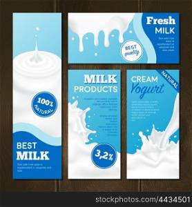 Milk Products Banners Set. Milk products realistic banners set with splashes on wooden background isolated vector illustration