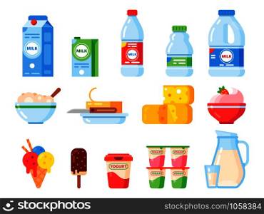 Milk products. Healthy diet yogurt, ice cream and milk cheese. Fresh dairy product, liquid milking food or butter. Farm milky organic isolated vector flat icons collection. Milk products. Healthy diet yogurt, ice cream and milk cheese. Fresh dairy product isolated vector flat icons collection