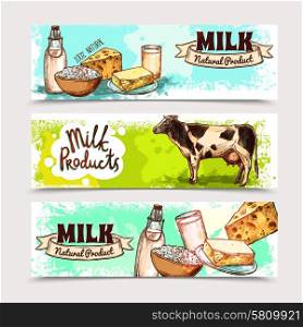 Milk products horizontal banner set with sketch dairy and cow isolated vector illustration. Milk Products Banner Set