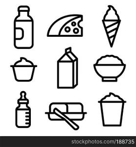 milk products icon set. illustration of black and white outline milk products icon set