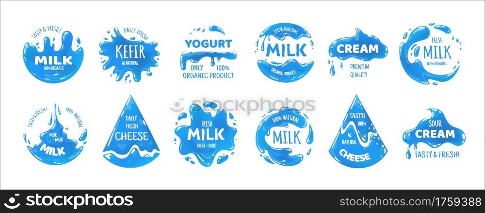 Milk products logo. Cheese, cream and yogurt packaging labels template. Isolated blue stickers set for branding food containers. Emblems with splashes and drips. Vector natural organic fresh beverages. Milk products logo. Cheese, cream and yogurt packaging labels. Isolated blue stickers set for branding food containers. Emblems with splashes and drips. Vector natural organic beverages