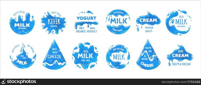 Milk products logo. Cheese, cream and yogurt packaging labels template. Isolated blue stickers set for branding food containers. Emblems with splashes and drips. Vector natural organic fresh beverages. Milk products logo. Cheese, cream and yogurt packaging labels. Isolated blue stickers set for branding food containers. Emblems with splashes and drips. Vector natural organic beverages