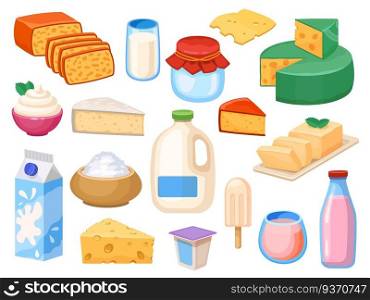 Milk products. Milky drinks in glass, box and galon, yogurt, whipped and sour cream, cheese types and butter. Farm fresh dairy vector set. Illustration breakfast product, glass milk and yogurt pack. Milk products. Milky drinks in glass, box and galon, yogurt, whipped and sour cream, cheese types and butter. Farm fresh dairy vector set