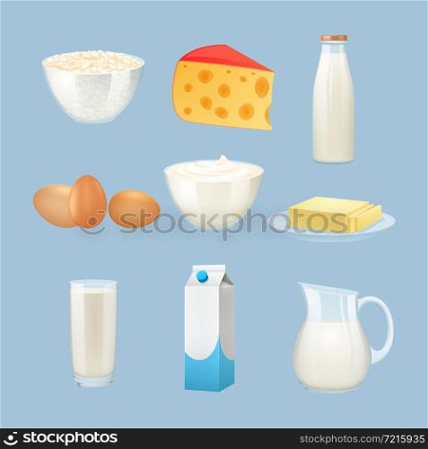 Milk products set with eggs cheese and cream isolated vector illustration. Milk Products Set