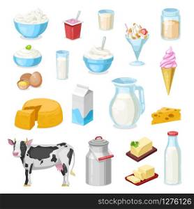Milk products, vector icons of dairy farm food. Cheese, butter, yogurt glass bottle and cream jug, cow, bowls of cottage cheese, sour cream and ice cream, milkshake, eggs, fermented milk and margarine. Farm milk, cheese and butter icons of dairy food